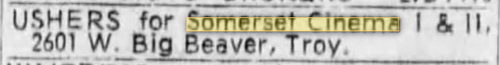 Somerset Cinema I & II (Somerset Inn Cinema I-II-III) - 1973 Ad Showing Proper Address
